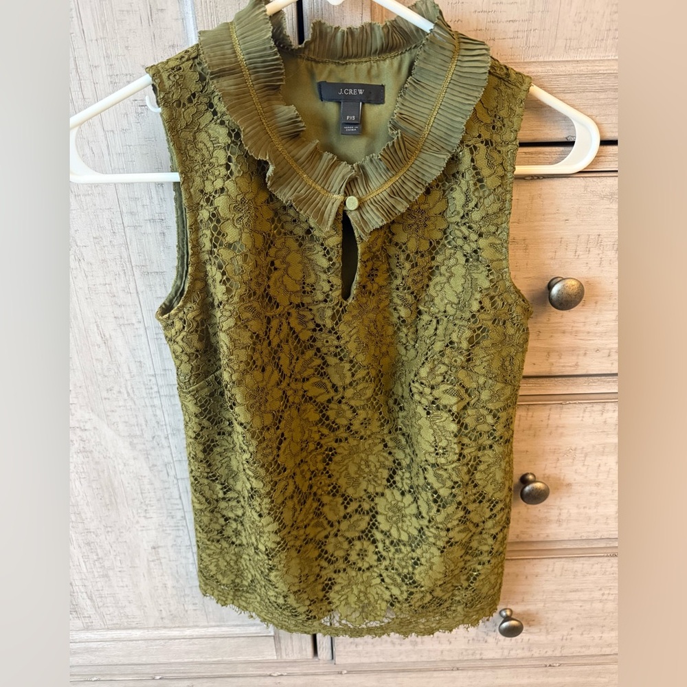J. Crew Olive Lace Ruffle Neck Sleeveless Camisole